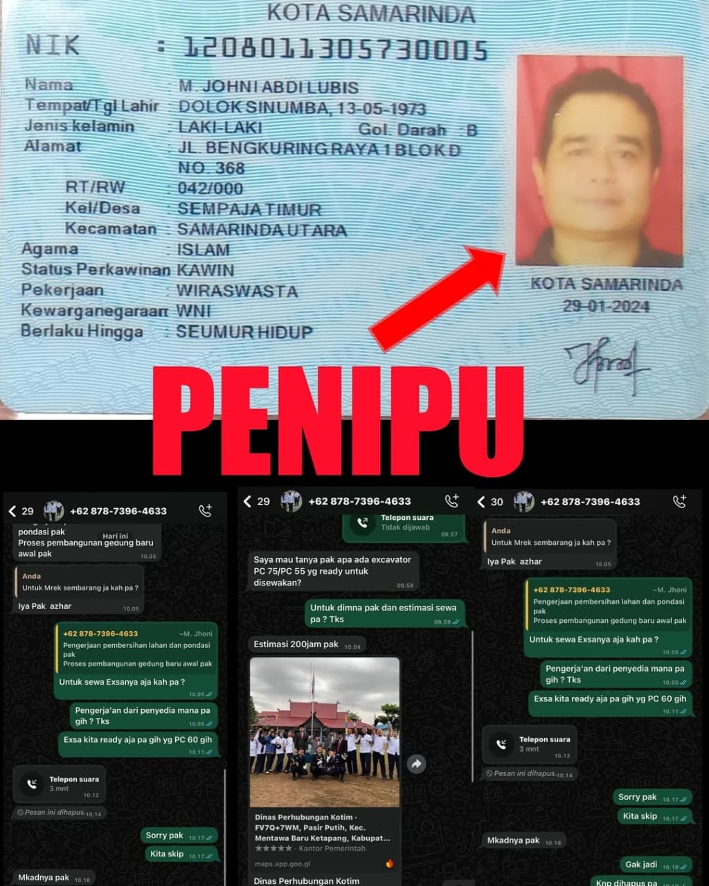 Penipu Pakai Nama Dishub Kotim Sewa Ekskavator