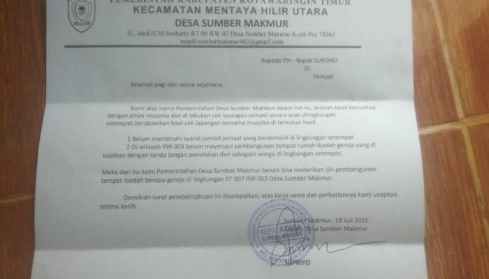 Pembangunan Gereja Ditolak di Desa Sumber Makmur